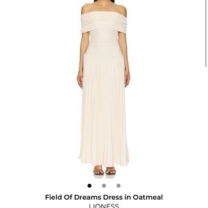 Lioness Off-Shoulder Pleated Maxi Dress in Oatmeal